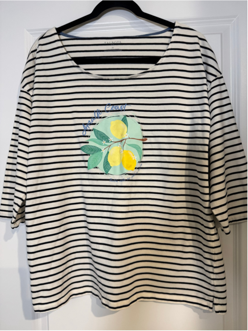 Women's Talbots Plus 2X Striped Lemon Graphic Tee White Black